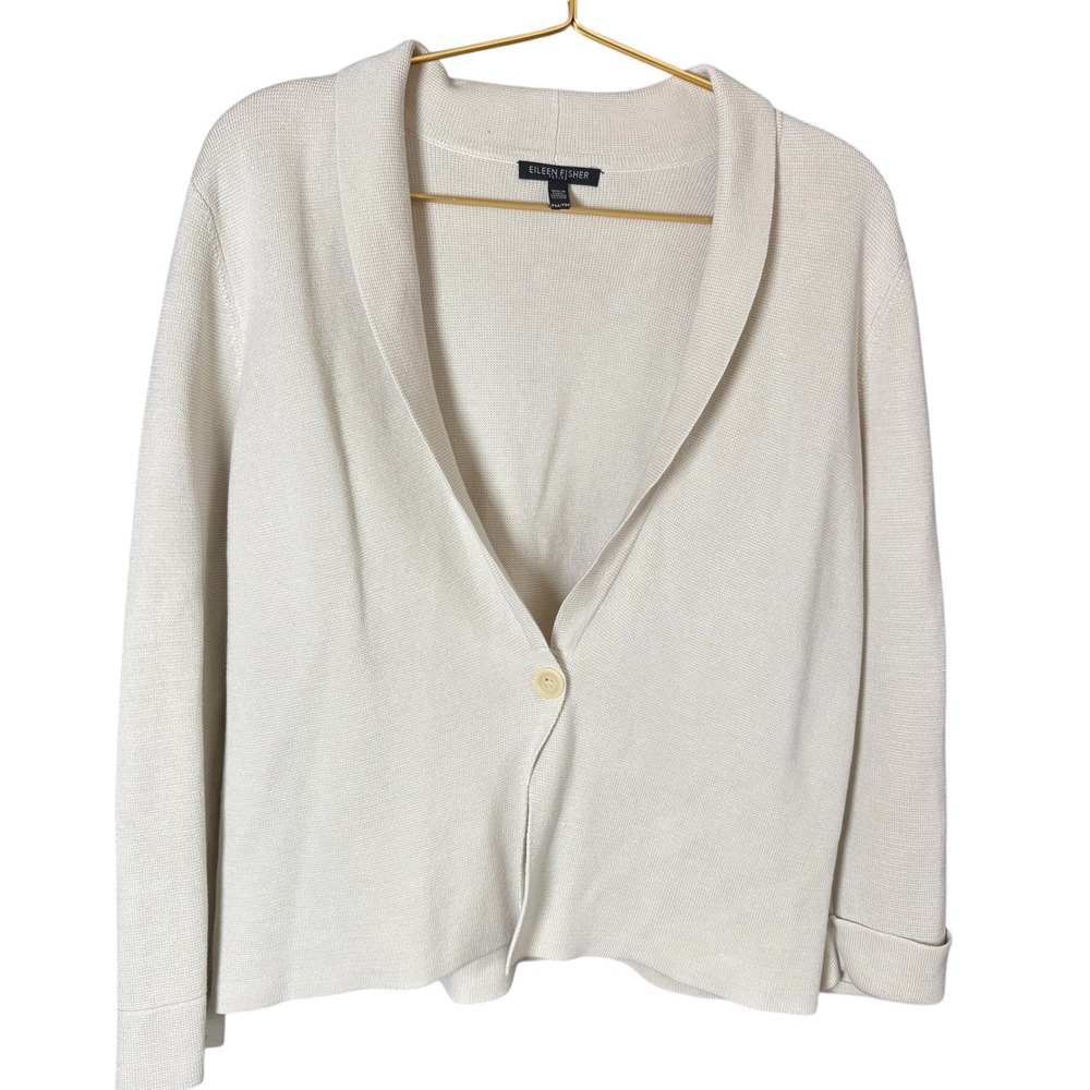 EILEEN FISHER Cream Silk‎ Organic Cotton One Button Cardigan Sweater Med Petite - Picture 2 of 9